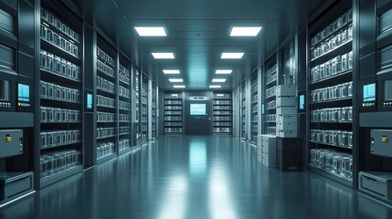 Fototapeta premium A modern data center featuring rows of servers, illuminated by overhead lights, showcasing a clean and organized technological environment.