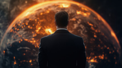 man in suit stands before fiery planet, symbolizing power and control. dramatic scene evokes sense of urgency and contemplation about future