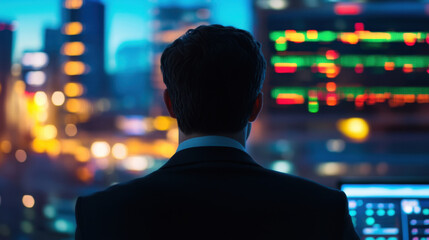 businessman observing stock market data in cityscape at night, reflecting on financial trends and opportunities