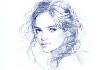 Fototapeta premium Detailed pencil drawing of a woman with flowing hair and expressive features, capturing elegance and grace in artistic form