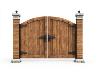 Rustic Wooden Gate with Brick Pillars, Entrance, Exterior.