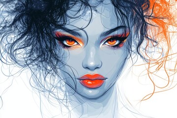 Fototapeta premium Striking portrait of a woman with vibrant orange eyes and fiery curls against a soft backdrop