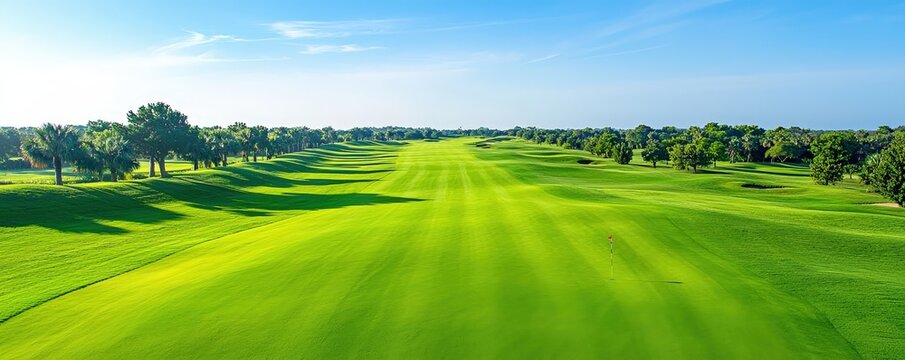 A vast, sunny golf course with lush green fairways and scattered trees under a clear blue sky, inviting players for a game amidst nature. - Powered by Adobe