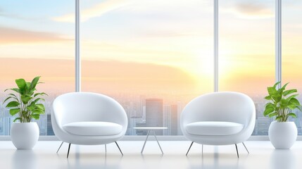 Modern Sunset City View Office Lounge - Relaxing modern office lounge with two white armchairs, a small table, and potted plants, overlooking a stunning sunset city view. Symbolizing tranquility