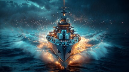 Obraz premium A Captivating Digital Rendering of a Naval Ship Showcasing Innovative Design Features with Technical Overlays