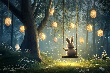 A cute Easter Bunny sitting on a swing in a forest clearing, surrounded by glowing eggs hanging from the trees and twinkling fairy lights.