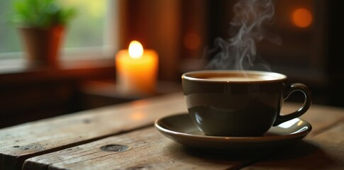 Steaming cup of coffee on a wooden table with a soft focus candle in the background, ambiance, candles