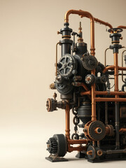 Fototapeta premium Steampunk-style gear system with copper pipes and valves, gear system, pipe, engineering, machinery