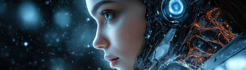 Fototapeta premium biomechanical humanoid with cybernetic features and glowing elements