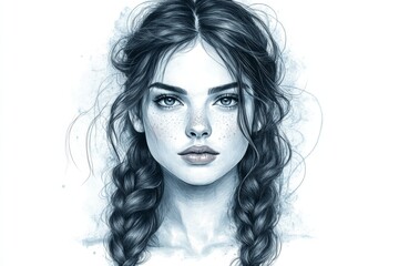 Fototapeta premium Young woman with braided hair and freckles expressing calmness in a soft illustration style