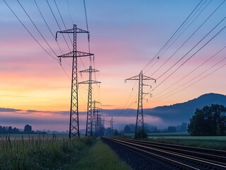 Sunrise Scenic Railway Tracks Power Lines Electricity Towers Landscape Photography