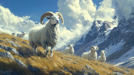 Dall Sheep. An Elegant Animal of the Aries Family Grazing in a Green Pasture