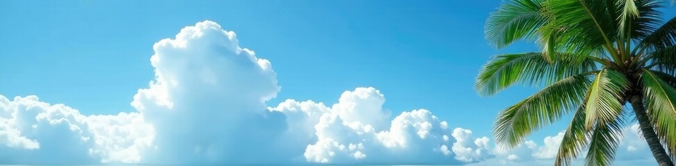Fluffy white clouds gather under bright blue sky with swaying coconut leaves, , serene atmosphere