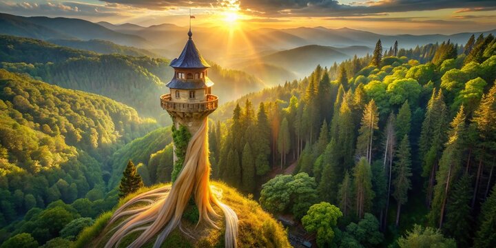 Aerial View of Fairytale Tower with Long Hair Streaming Down, Magical Forest Drone Shot