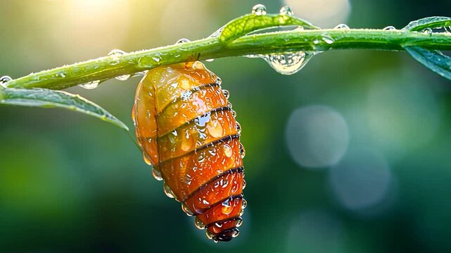 Dew-kissed chrysalis hanging on plant stem at dawn