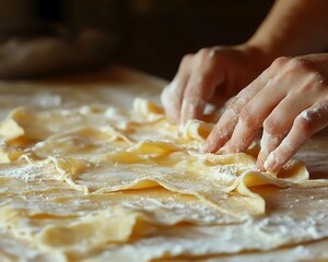 Hands kneading pasta dough on wooden board, flour dusted