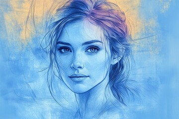 Artistic blue sketch of a young woman with captivating eyes, set against a softly colored background