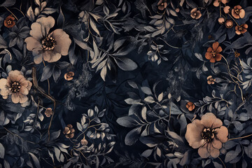 Fototapeta premium A high-contrast botanical pattern with dark, moody florals and intricate vine-like structures. Vintage and gothic-inspired.