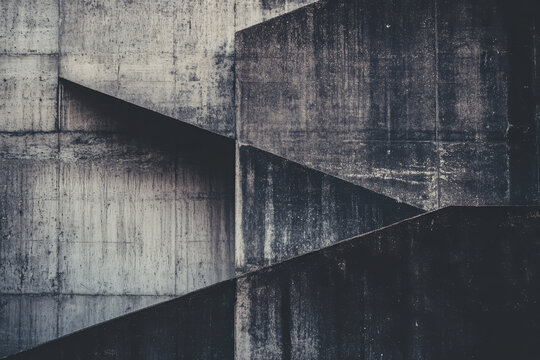 A grungy brutalism-inspired background with dark, rough textures, a muted color palette of gray and black, and minimalist shapes that evoke a sense of simplicity and strength