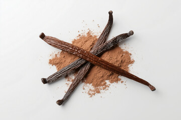 Fototapeta na wymiar Vanilla Symphony: A high-angle shot showcases the elegant arrangement of fragrant vanilla pods delicately placed atop a bed of aromatic cocoa powder. 