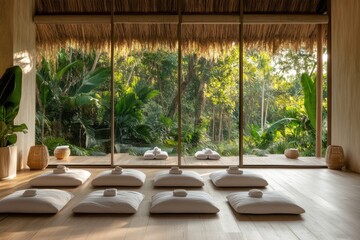 Fototapeta premium Digital detox retreat wellness resort tropical forest healing space serene environment tranquil view embracing nature for a rejuvenating experience
