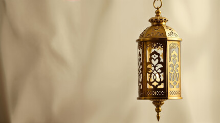 festive Ramadan holiday composition web banner golden ornamental Moroccan lantern, Ramadan Mubarak.