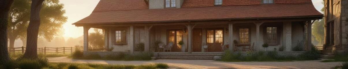 Fototapeta premium The gentle light of sunrise illuminates the rustic details of a charming farmhouse, revealing its character and charm , sun rise, peaceful morning