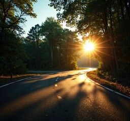 The sun casts long shadows on the asphalt as it winds its way through a forest, with leaves rustling in the breeze , rural landscape, wide open road, countryside landscape