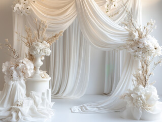 A simple white wedding arch adorned with soft chiffon drapes