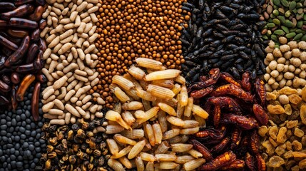 Obraz premium A vibrant assortment of various seeds, nuts, and dried fruits arranged in a colorful mosaic pattern