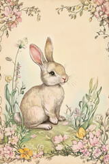 Obraz premium A charming, vintage-style Easter Bunny postcard with faded pastel tones and delicate hand-drawn floral borders.