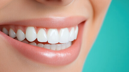 Fototapeta premium bright smile showcasing healthy, white teeth against teal background, reflecting confidence and good dental hygiene