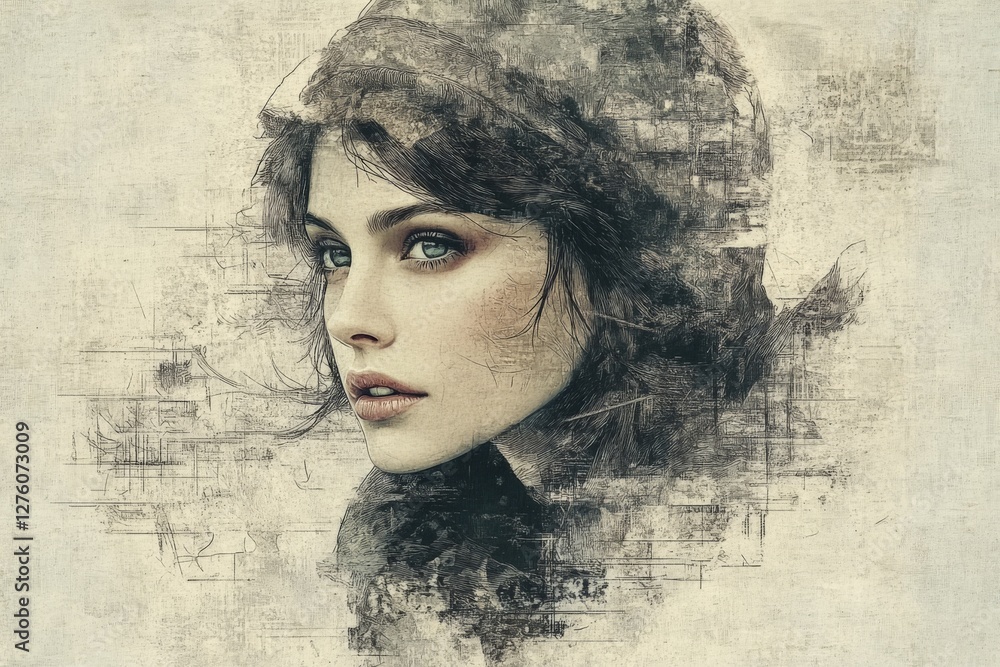 Leinwandbilder artistic portrait of a woman with a computer-generated background showcasing a blend of realism and 