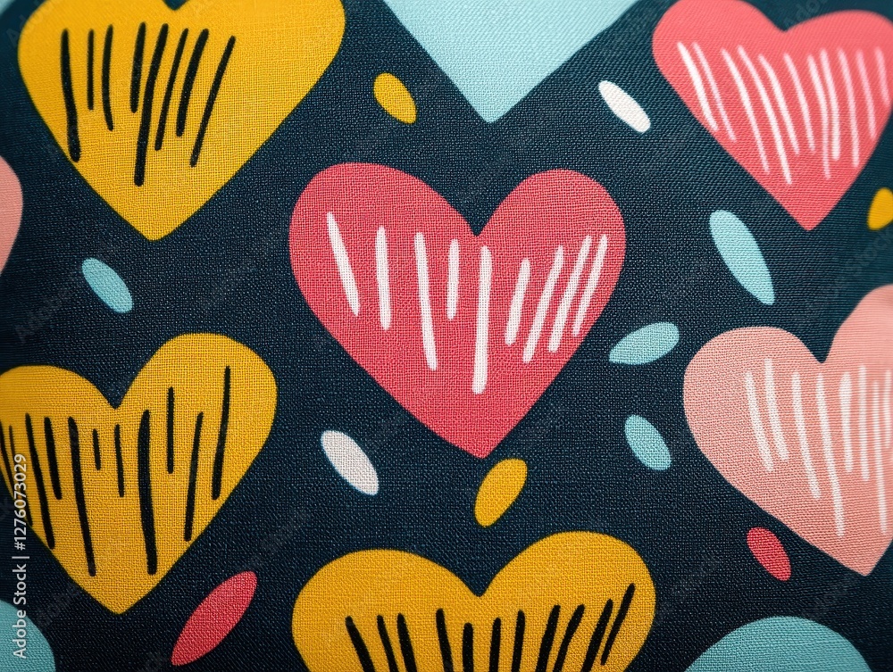 Poster colorful hearts in various shades and patterns are arranged against a dark background, creating a pl