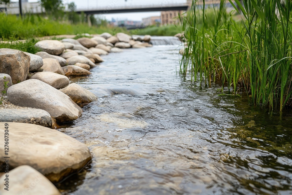 Aufkleber a tranquil stream flows over smooth stones, surrounded by lush greenery and a bridge in the backgrou