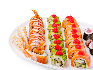 Delicious sushi platter with a variety of fresh rolls and toppings