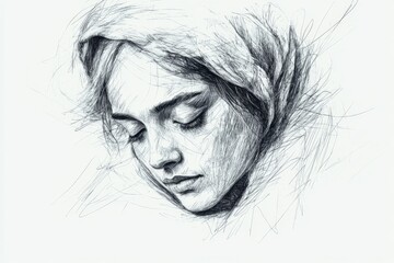 Fototapeta premium Portrait of a woman with a headscarf displaying deep emotion through a delicate sketch