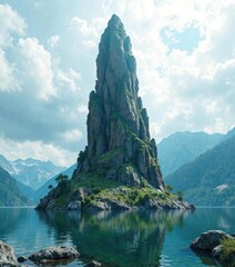 Towering rock formation rises from the lake's surface, rock stack, rocky shoreline