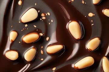 Fototapeta premium Delectable Chocolate with Pine Nuts: A rich, decadent close-up of melted chocolate adorned with toasted pine nuts, promising a symphony of textures and flavors for the discerning palate.