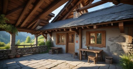 Traditional Austrian mountain hut with wooden beams and slate roof, architecture, stone, alpine hut