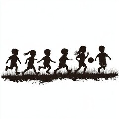 Silhouette of children running together through tall grass and playing with a ball