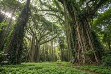 Towering trees with thick vines and green plants, vine covered trees, epiphytes