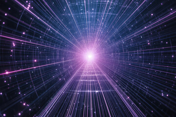 Fototapeta premium A glowing, pulsating digital grid pattern stretching infinitely into a deep cosmic void.