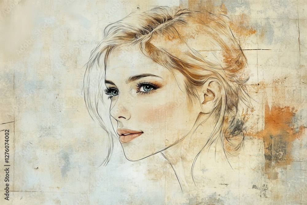 Aufkleber elegant portrait of a woman captured with soft colors and delicate lines in an artistic style
