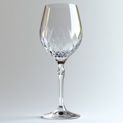 A crystal-clear wine glass with elegant details, white background, photorealistic