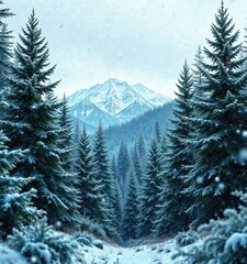Fototapeta premium Tranquil forest atmosphere with snowflakes gently falling on evergreen trees and a distant mountain range , snowfall, serene landscapes