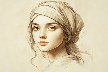 Elegant portrait of a young woman with a headscarf in soft colors, showcasing serene expression and classical artistic style