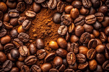 Fototapeta premium Aerial View of Roasted & Ground Coffee Beans - Full Frame Drone Shot