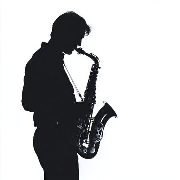 recommend clip art: Silhouette of a musician playing saxophone on white background.