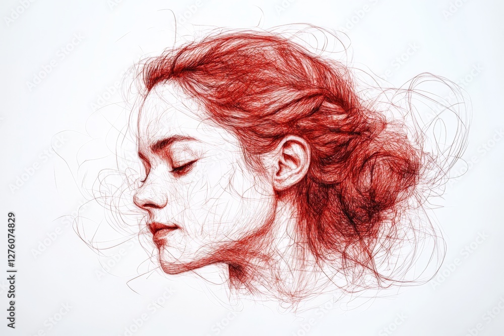 Aufkleber Artistic representation of a woman's profile created with red thread on a plain background in a contemporary art style